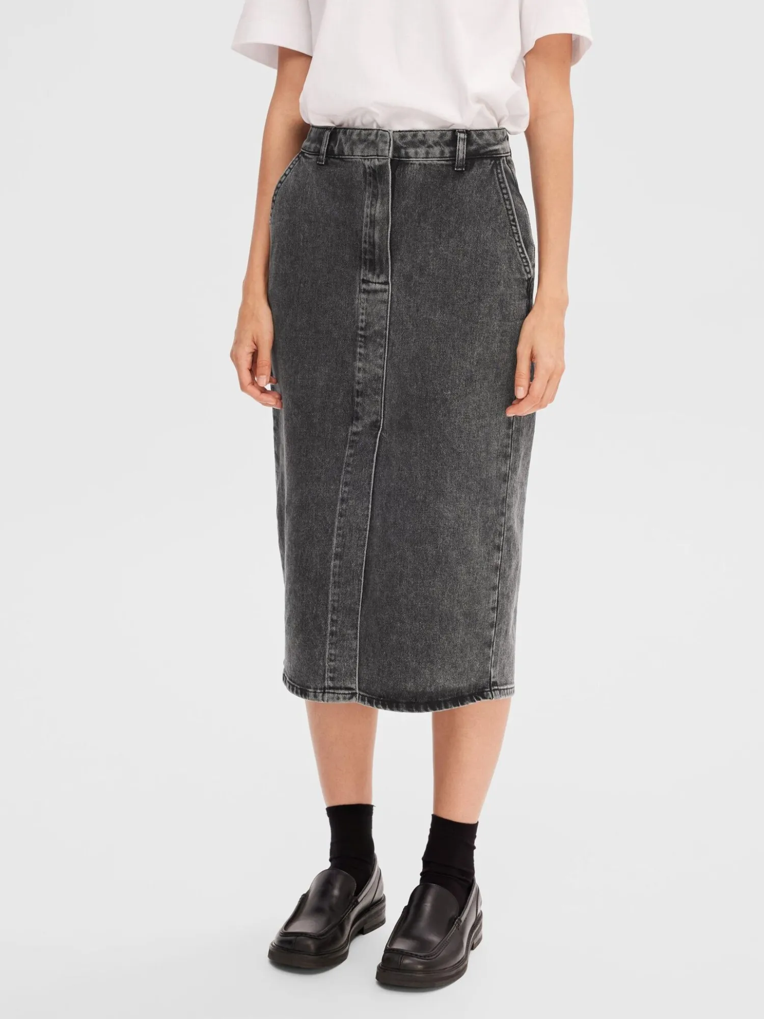 Best Sale Selected Denim Midi Rok Cali Dark Grey Denim